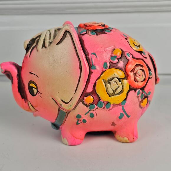 VTG 1968 hot pink elephant bank Japan floral Holiday Fair - Picture 3 of 9
